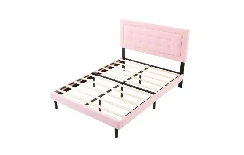 Lit plateforme pleine grandeur avec tête de lit et sommier tapissiers en velours/lin, lit classique en bois pour chambre principale