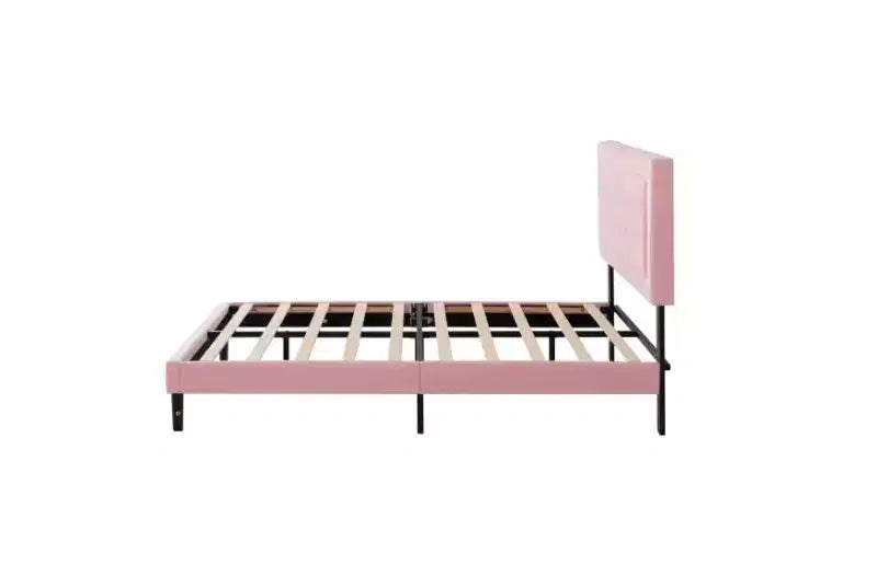 Lit plateforme pleine grandeur avec tête de lit et sommier tapissiers en velours/lin, lit classique en bois pour chambre principale