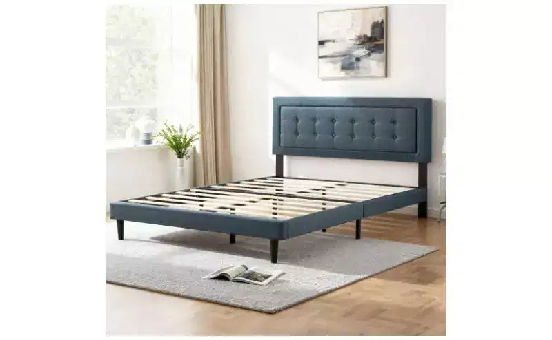Lit plateforme pleine grandeur avec tête de lit et sommier tapissiers en velours/lin, lit classique en bois pour chambre principale