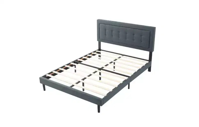 Lit plateforme pleine grandeur avec tête de lit et sommier tapissiers en velours/lin, lit classique en bois pour chambre principale