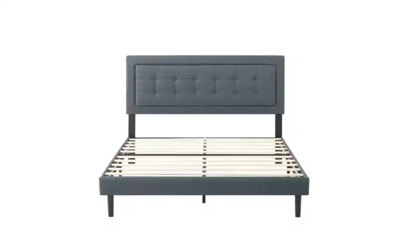 Lit plateforme pleine grandeur avec tête de lit et sommier tapissiers en velours/lin, lit classique en bois pour chambre principale