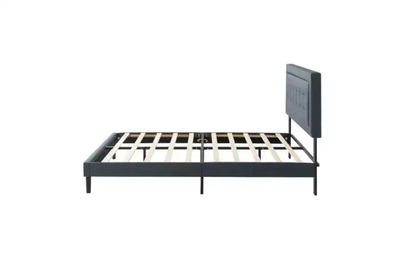 Lit plateforme pleine grandeur avec tête de lit et sommier tapissiers en velours/lin, lit classique en bois pour chambre principale