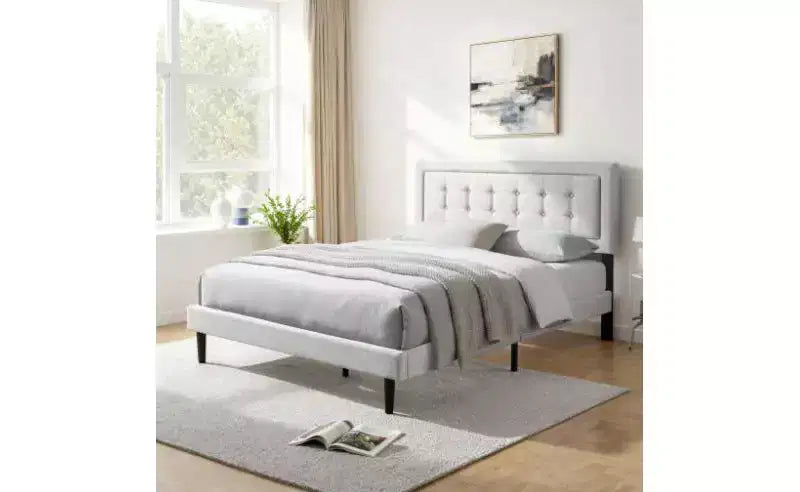 Lit plateforme pleine grandeur avec tête de lit et sommier tapissiers en velours/lin, lit classique en bois pour chambre principale