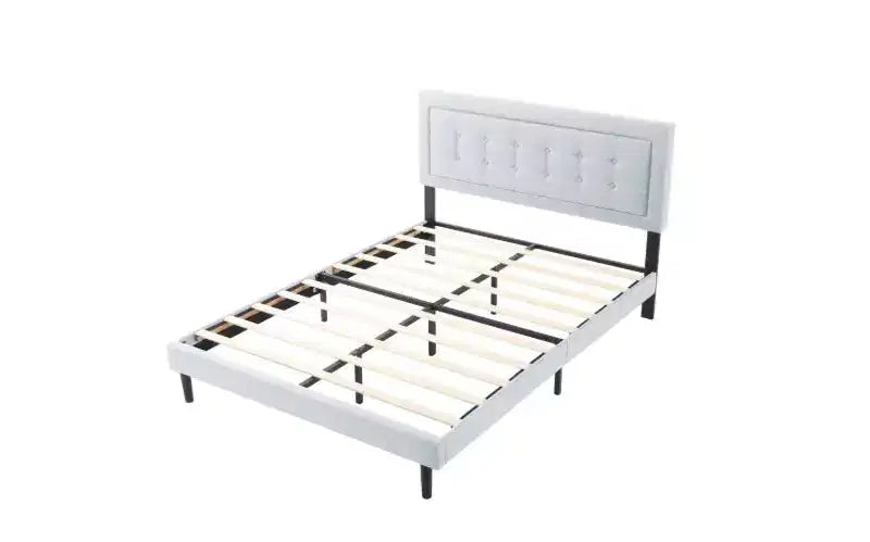 Lit plateforme pleine grandeur avec tête de lit et sommier tapissiers en velours/lin, lit classique en bois pour chambre principale