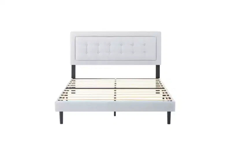 Lit plateforme pleine grandeur avec tête de lit et sommier tapissiers en velours/lin, lit classique en bois pour chambre principale