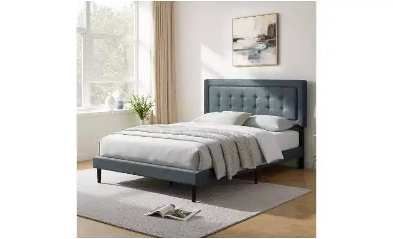 Okak Modern Queen Size Platform Bed Frame with Velvet/Linen Upholstered Headboard & Slats Support,Classic Wooden Bed for Primary Bedroom