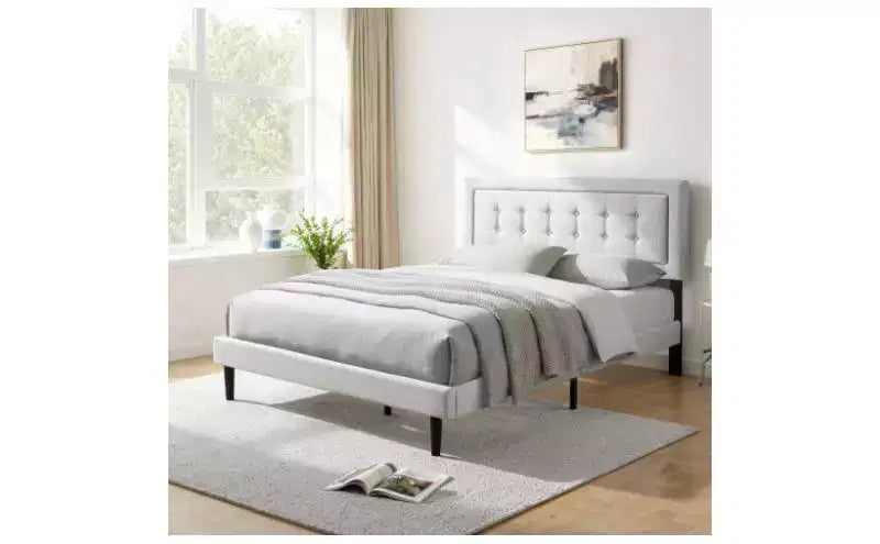Lit plateforme pleine grandeur avec tête de lit et sommier tapissiers en velours/lin, lit classique en bois pour chambre principale