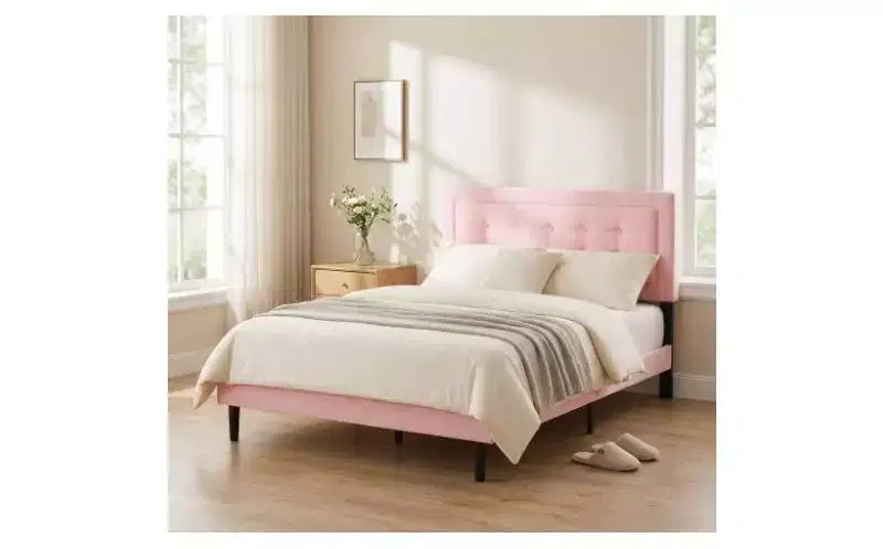 Lit plateforme pleine grandeur avec tête de lit et sommier tapissiers en velours/lin, lit classique en bois pour chambre principale