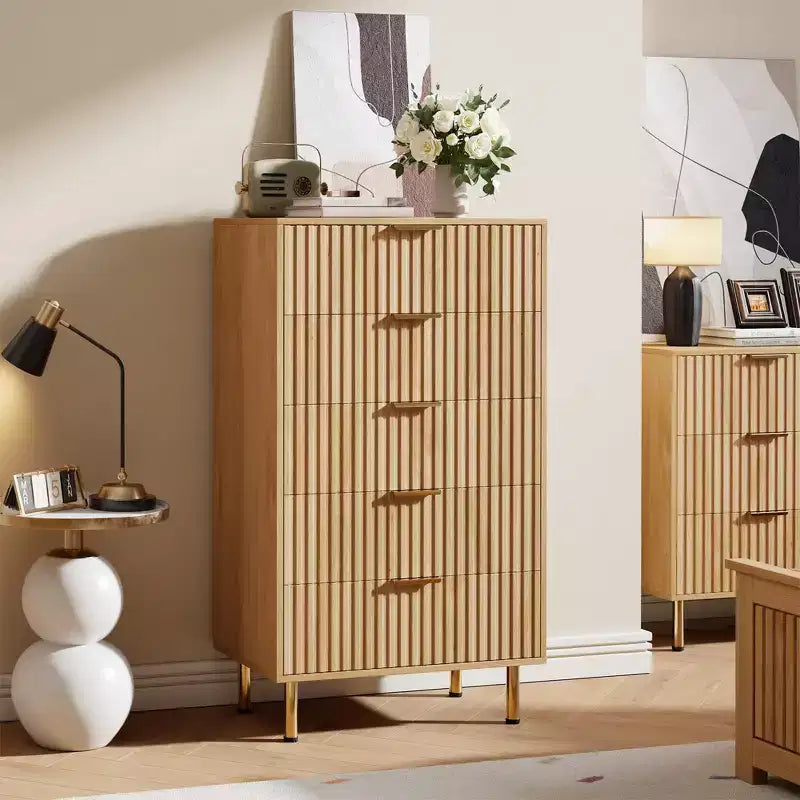 5 Drawer Dresser for Bedroom, 48 in Tall Modern Chest of Drawers with Deep Drawers and Wide Top, Fluted Wooden Dresser Organizer for Living Room