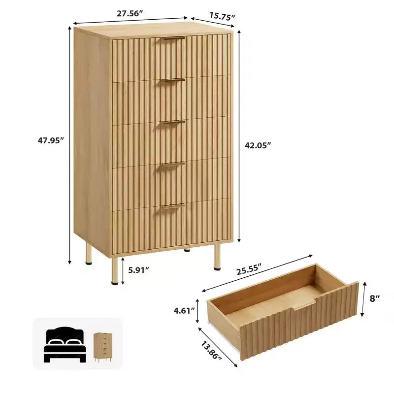 Commode à 5 tiroirs pour chambre, commode moderne de 122 cm de hauteur avec tiroirs profonds et plateau large, commode en bois cannelé pour salon