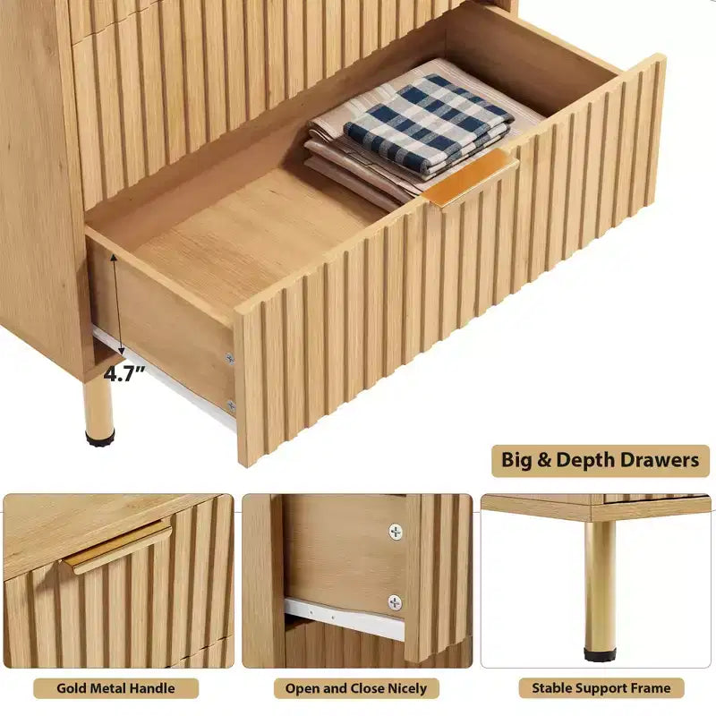 Commode à 5 tiroirs pour chambre, commode moderne de 122 cm de hauteur avec tiroirs profonds et plateau large, commode en bois cannelé pour salon