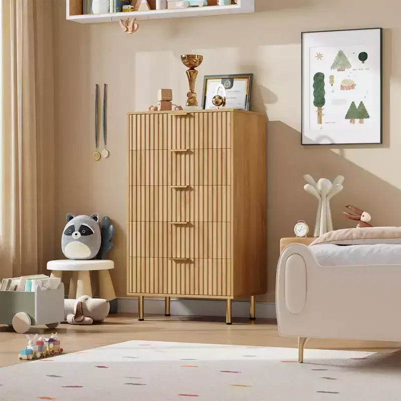 Commode à 5 tiroirs pour chambre, commode moderne de 122 cm de hauteur avec tiroirs profonds et plateau large, commode en bois cannelé pour salon