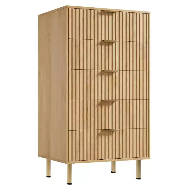 Commode à 5 tiroirs pour chambre, commode moderne de 122 cm de hauteur avec tiroirs profonds et plateau large, commode en bois cannelé pour salon