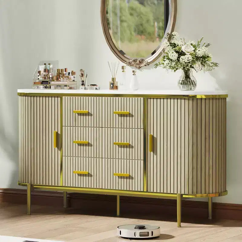 47 Faux Marble Mid-Century Modern Sideboard Buffet Cabinet, Fluted Storage Console with 3 Drawers & Metal Legs for Dining Room Living Room Entryway