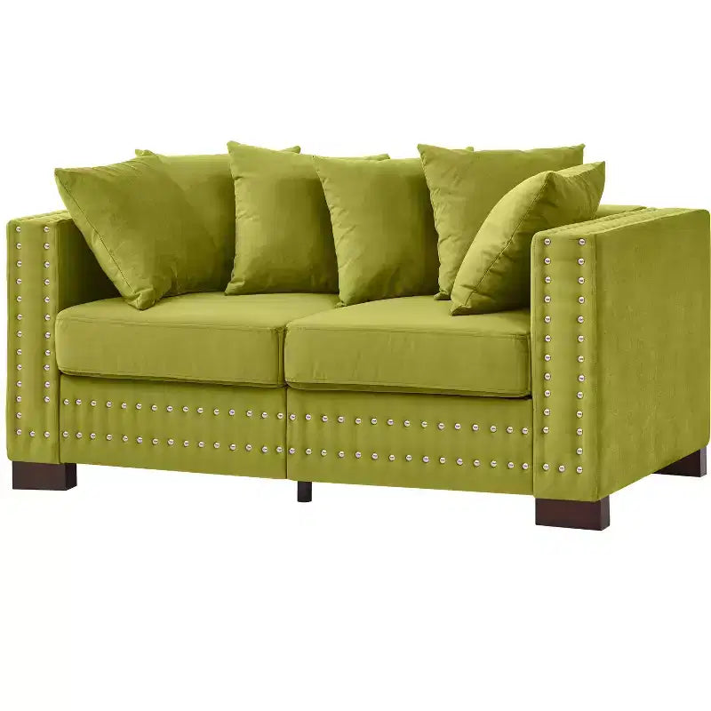 Canapé Loveseat Moderne avec Clous Argentés Accoudoir Carré Rembourré Velours pour Salon Vert