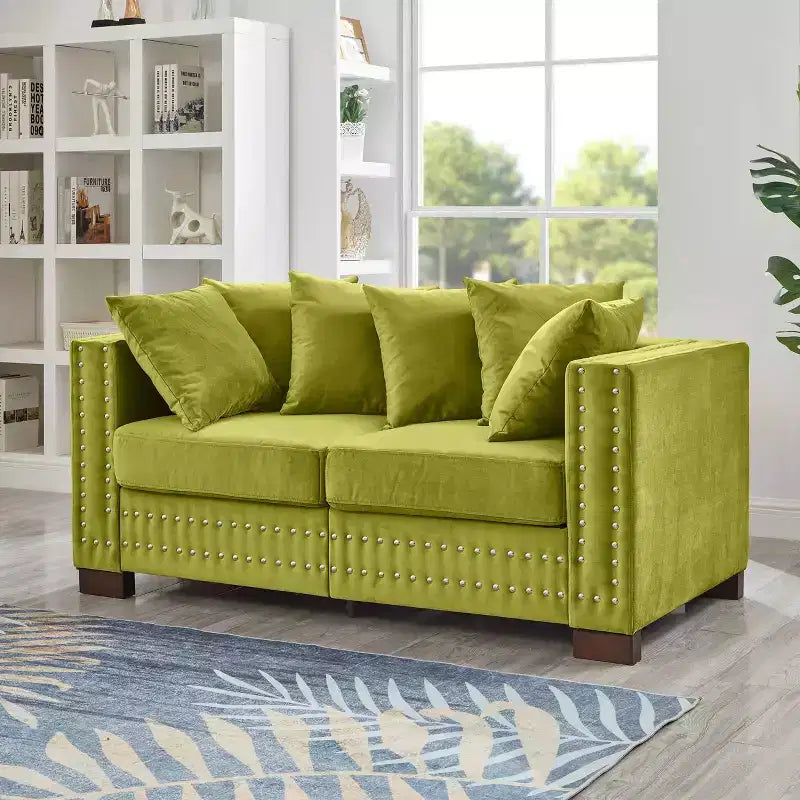 Canapé Loveseat Moderne avec Clous Argentés Accoudoir Carré Rembourré Velours pour Salon Vert