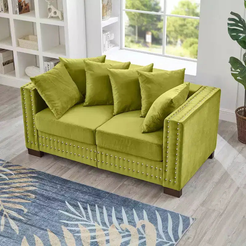 Canapé Loveseat Moderne avec Clous Argentés Accoudoir Carré Rembourré Velours pour Salon Vert