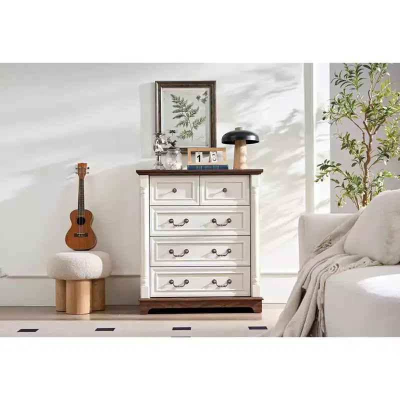 Chest of Drawers, Farmhouse Style 5 Drawer Dresser, Wooden Rustic Large Capacity Nightstand Cabinet for Home Office, Living Room, Bedroom