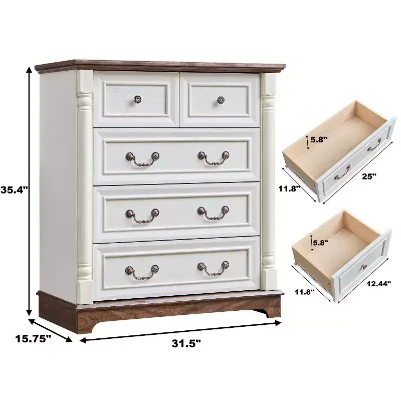 Commode de chambre, commode de style rustique à 5 tiroirs, armoire de chevet rustique en bois de grande capacité pour le bureau à domicile, le salon, la chambre à coucher