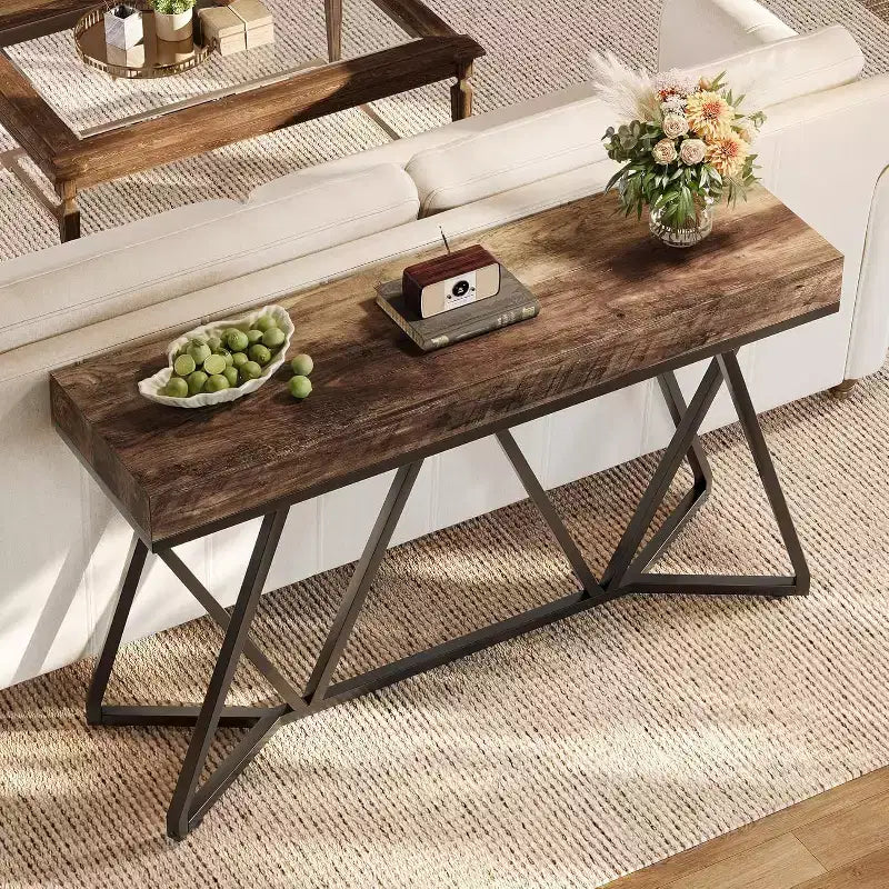 Lantine 55-Inch Console Table for Entryway, Industrial Wooden Sofa Table with Geometric Metal Base for Living Room, Entrance, Hallway, Rustic Brown