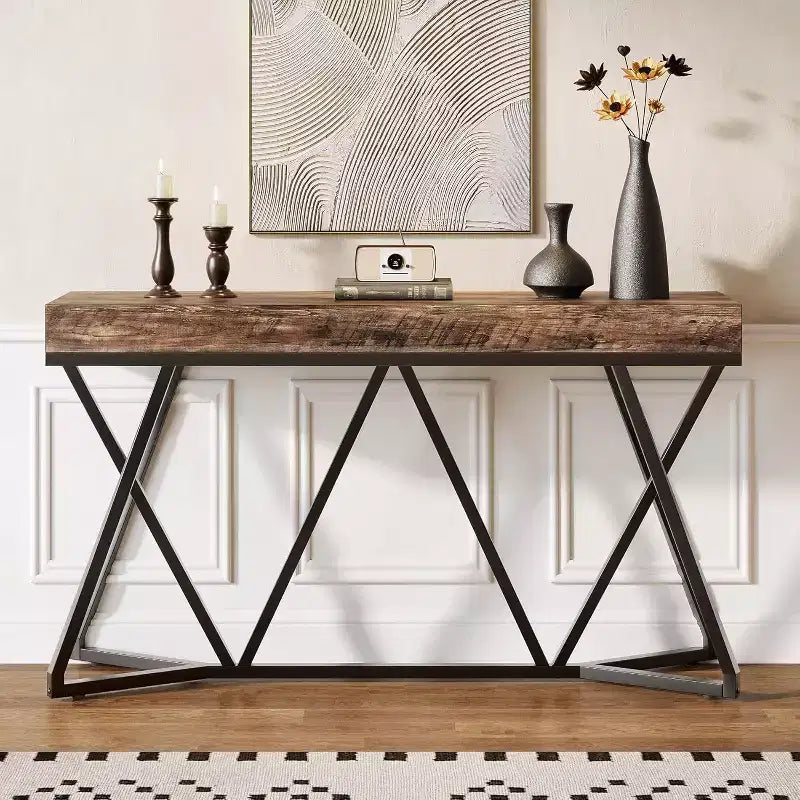 Lantine 55-Inch Console Table for Entryway, Industrial Wooden Sofa Table with Geometric Metal Base for Living Room, Entrance, Hallway, Rustic Brown