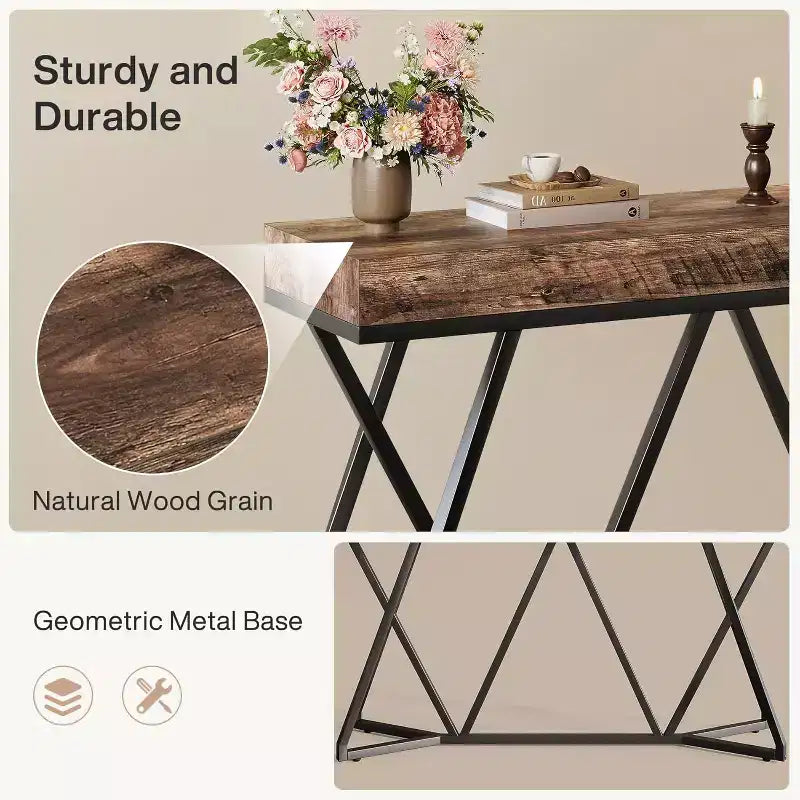 Lantine 55-Inch Console Table for Entryway, Industrial Wooden Sofa Table with Geometric Metal Base for Living Room, Entrance, Hallway, Rustic Brown