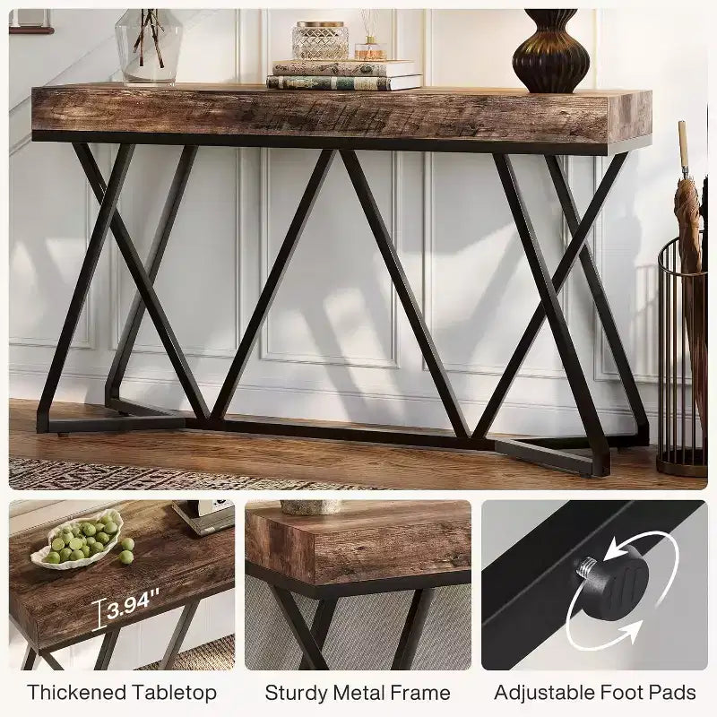 Lantine 55-Inch Console Table for Entryway, Industrial Wooden Sofa Table with Geometric Metal Base for Living Room, Entrance, Hallway, Rustic Brown