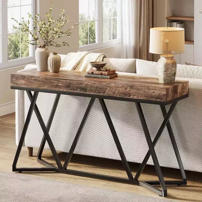 Lantine 55-Inch Console Table for Entryway, Industrial Wooden Sofa Table with Geometric Metal Base for Living Room, Entrance, Hallway, Rustic Brown