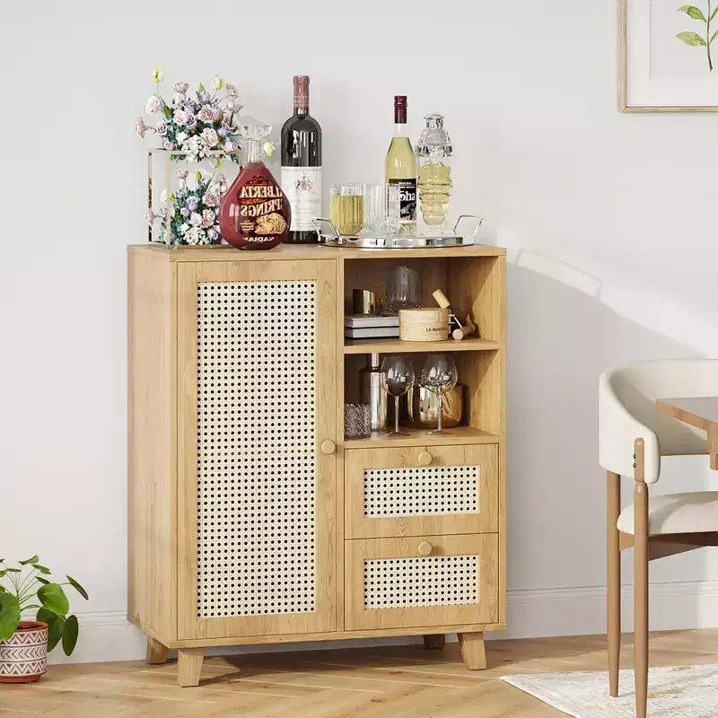 JVNOXK 15-inch rattan sideboard with adjustable shelves and smooth-gliding drawers, suitable for living rooms and kitchens, natural color