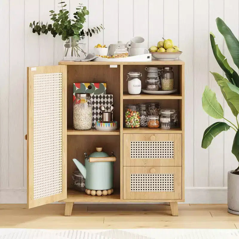 JVNOXK 15-inch rattan sideboard with adjustable shelves and smooth-gliding drawers, suitable for living rooms and kitchens, natural color