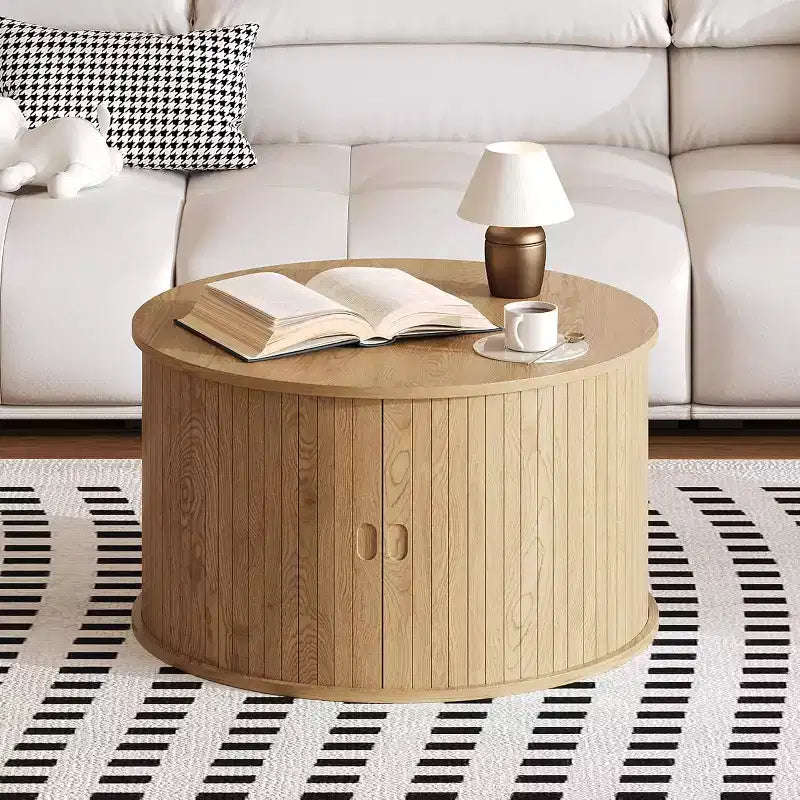 28 Round Mid Century Modern Coffee Table with Storage, Fluted Accent Table with Sliding Tambour Door for Living Room