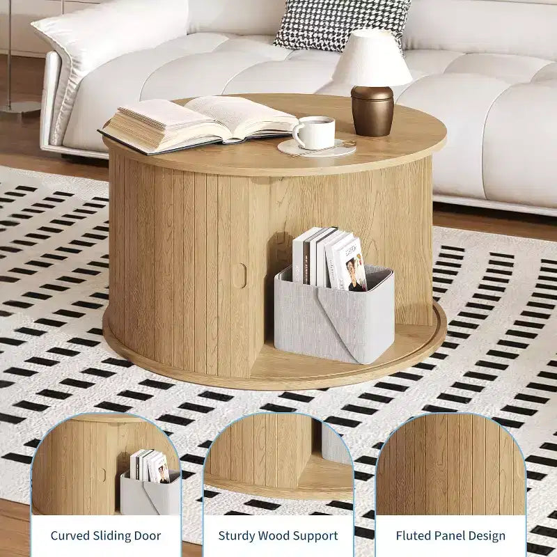 28 Round Mid Century Modern Coffee Table with Storage, Fluted Accent Table with Sliding Tambour Door for Living Room