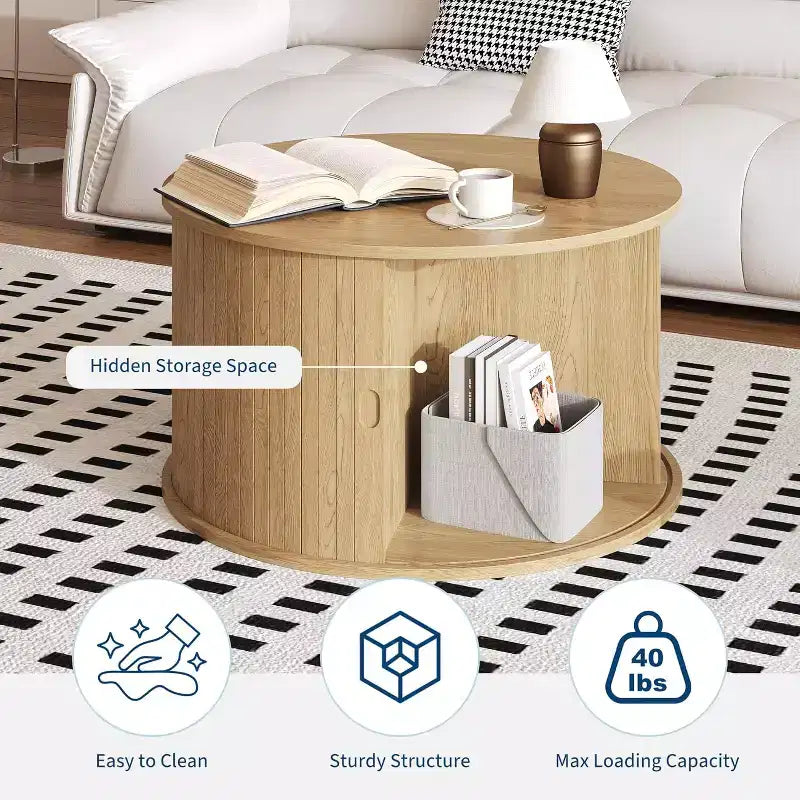 28 Round Mid Century Modern Coffee Table with Storage, Fluted Accent Table with Sliding Tambour Door for Living Room