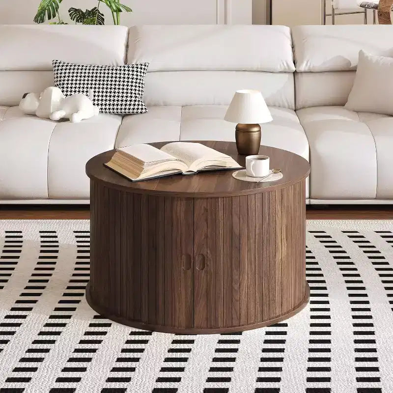 28 Round Mid Century Modern Coffee Table with Storage, Fluted Accent Table with Sliding Tambour Door for Living Room