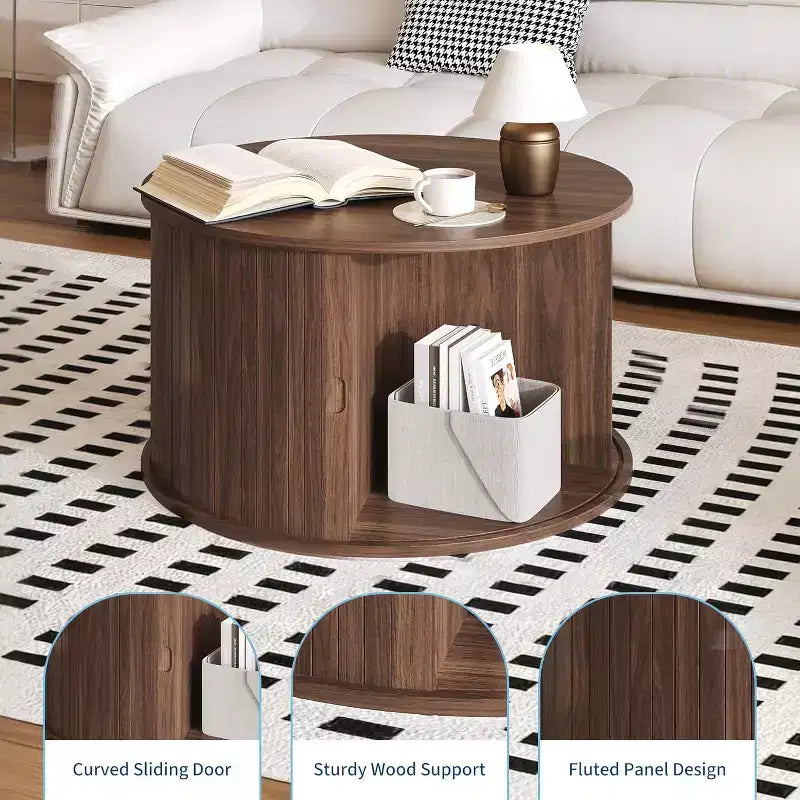 28 Round Mid Century Modern Coffee Table with Storage, Fluted Accent Table with Sliding Tambour Door for Living Room