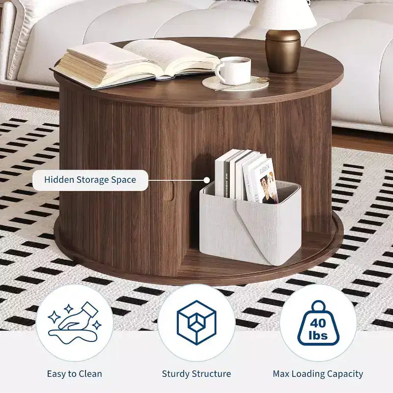 28 Round Mid Century Modern Coffee Table with Storage, Fluted Accent Table with Sliding Tambour Door for Living Room