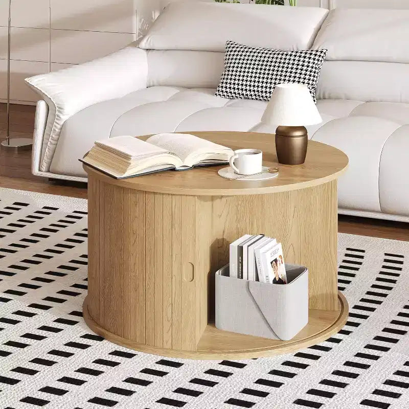 28 Round Mid Century Modern Coffee Table with Storage, Fluted Accent Table with Sliding Tambour Door for Living Room