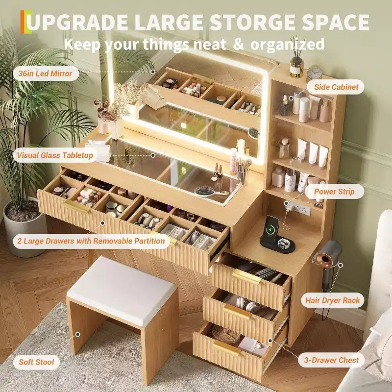 48 Makeup Vanity Desk for Bedroom,Makeup Vanity Table with Soft Stool,Makeup Desk with 4 Drawers & Shelves, Dressing Table Set for Bedroom