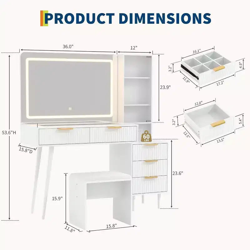 48 Makeup Vanity Desk for Bedroom,Makeup Vanity Table with Soft Stool,Makeup Desk with 4 Drawers & Shelves, Dressing Table Set for Bedroom