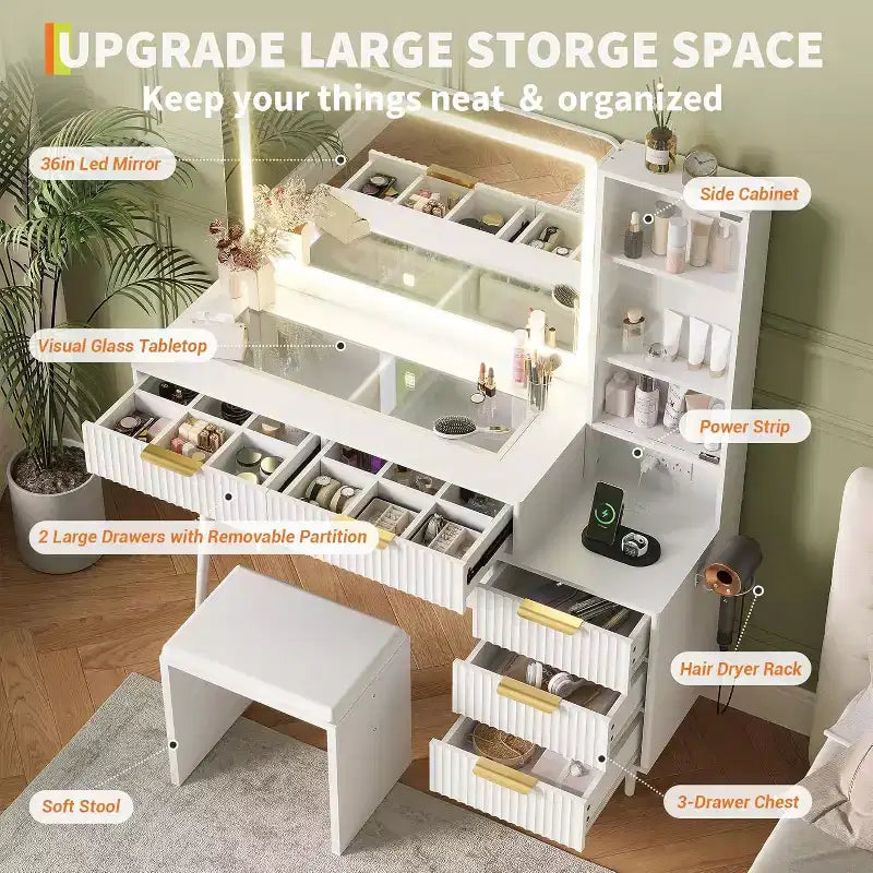 48 Makeup Vanity Desk for Bedroom,Makeup Vanity Table with Soft Stool,Makeup Desk with 4 Drawers & Shelves, Dressing Table Set for Bedroom