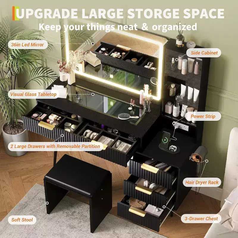 48 Makeup Vanity Desk for Bedroom,Makeup Vanity Table with Soft Stool,Makeup Desk with 4 Drawers & Shelves, Dressing Table Set for Bedroom