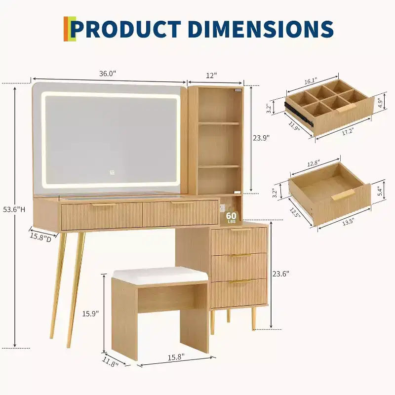 48 Makeup Vanity Desk for Bedroom,Makeup Vanity Table with Soft Stool,Makeup Desk with 4 Drawers & Shelves, Dressing Table Set for Bedroom
