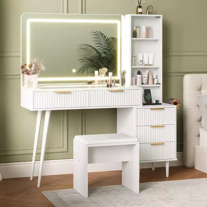 48 Makeup Vanity Desk for Bedroom,Makeup Vanity Table with Soft Stool,Makeup Desk with 4 Drawers & Shelves, Dressing Table Set for Bedroom