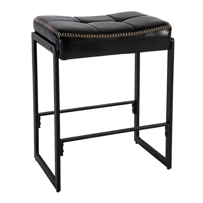 Saddle Bar Stool, 26-Inch Counter Height with Curved Waxy Leather Seat, Mid-Century Modern Design for Kitchen Island, Dining Room, or Cafe, Black