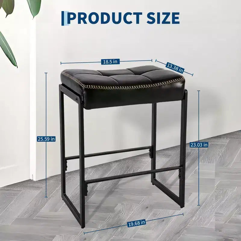 Saddle Bar Stool, 26-Inch Counter Height with Curved Waxy Leather Seat, Mid-Century Modern Design for Kitchen Island, Dining Room, or Cafe, Black