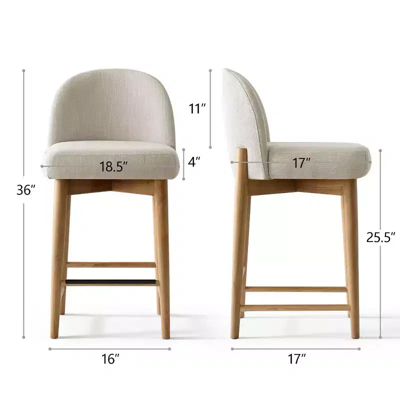 Set of 2 Modern Counter Height Bar Stools, 26 Upholstered Linen Kitchen Island Chairs with Solid Wood Legs & Curved Back - Panipeachy