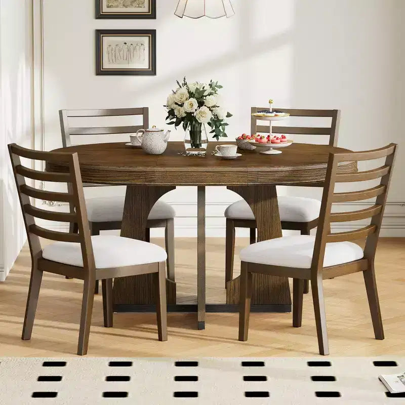 Farmhouse Extendable Round Dining Set for 4, Wood Round Kitchen Table with Leaf, 4 Upholstered Chairs for Dining Room