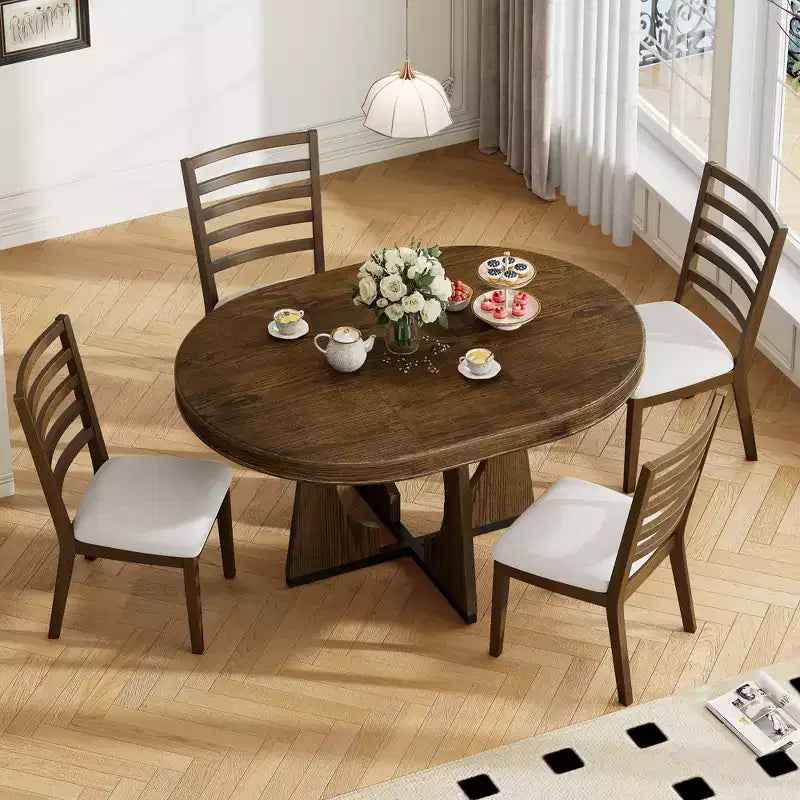 Farmhouse Extendable Round Dining Set for 4, Wood Round Kitchen Table with Leaf, 4 Upholstered Chairs for Dining Room