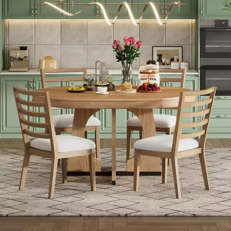 Farmhouse Extendable Round Dining Set for 4, Wood Round Kitchen Table with Leaf, 4 Upholstered Chairs for Dining Room