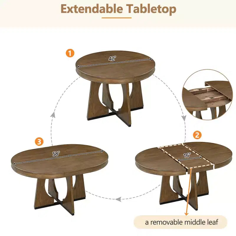 Farmhouse Extendable Round Dining Set for 4, Wood Round Kitchen Table with Leaf, 4 Upholstered Chairs for Dining Room